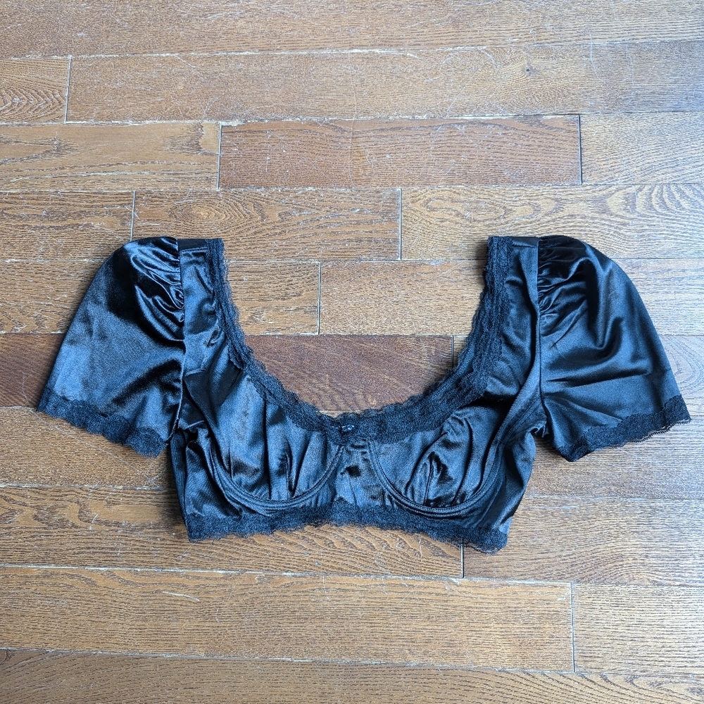 Princess Polly Black Corset Cropped Top Women's Size 8 Balloon Sleeves Lace Trim